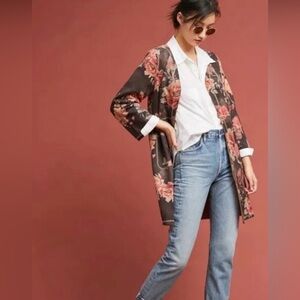 Anthropologie Solitaire Foral Long Faux Suede open Jacket in small